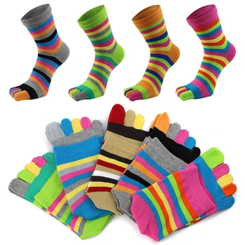 Красочные носки с пятью пальцами Забавные носки Mid Tube Корзина для ног Мягкие дышащие полосатые контрастные хлопчатобумажные носки - Изображение 1  