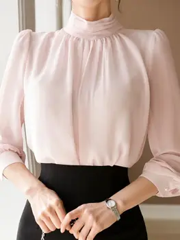 Модные женские блузки ZANZEA 2023 Винтажные рубашки с воротником-стойкой Повседневные плиссировки с длинным рукавом Топы Элегантные длинные рукава Blusas - Изображение 1  