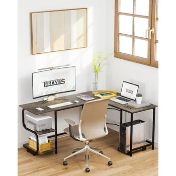 Teraves Двусторонний L-образный стол с большой поверхностью, 61-дюймовый прочный угловой стол с полками для хранения, офис премиум-класса - Изображение 1  