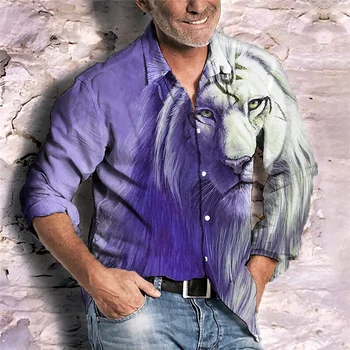 Модная роскошная мужская рубашка однобортная рубашка повседневная фиолетово-белая рубашка с длинными рукавами с принтом льва мужской гавайский кардиган - Изображение 1  