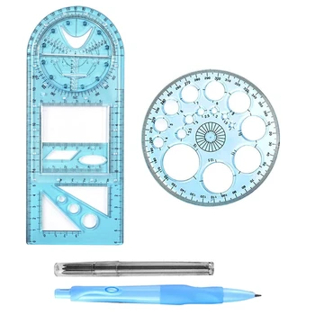 Многофункциональная геометрическая линейка, измерительный инструмент для шаблона геометрического чертежа для школьного офиса с карандашом - Изображение 1  