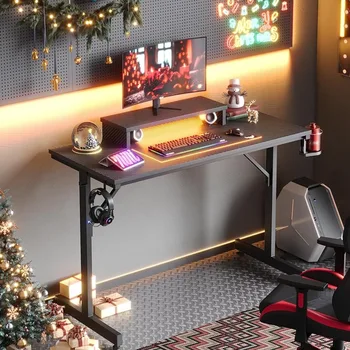Игровой стол с подставкой для монитора, 42-дюймовые компьютерные столы со светодиодной подсветкой, крючки для гарнитуры геймера, домашний офис, черный углерод - Изображение 1  