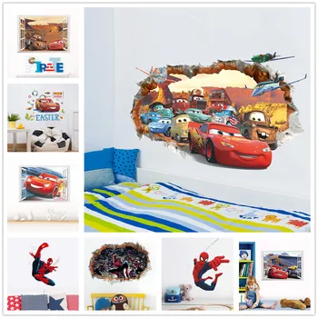 Мультяшные автомобили McQueen Наклейка на стену для детской комнаты Спальня для мальчиков Съемные виниловые обои для домашнего декора 3D самоклеящиеся фотообои - Изображение 1  