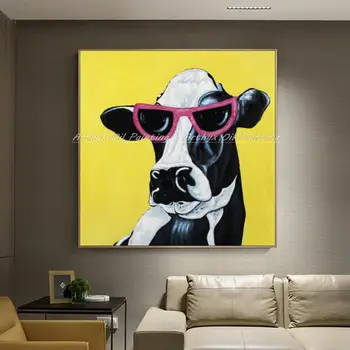 Arthyx,Безрамные картины Ручная роспись коровы Животное Картина маслом на холсте,Современное абстрактное настенное искусство,Картина для живого домашнего декора - Изображение 1  