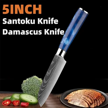 Кухонный нож Дамасский узор Профессиональный нож шеф-повара Японский нож Сантоку Нож для мяса Нож для нарезки Ножи для нарезки костей и фруктов - Изображение 1  