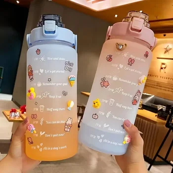  2000 мл Красочная матовая бутылка для воды с соломинкой Мотивационный маркер времени Спортивная тренировка Портативная чашка для питья - Изображение 1  