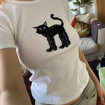 Женская футболка Забавная черная кошка с принтом Тонкая графическая готическая летняя корейская мода Милая детская футболка Harajuku Винтаж Женская уличная одежда - Изображение 1  