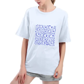 Мультяшная графическая футболка с опущенным плечом Женские летние футболки оверсайз с принтом O Шея Топ с короткими рукавами Harajuku Street Tees Рубашка - Изображение 1  