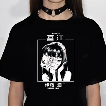 Женщины Дзюндзи Ито топ дизайнерские футболки девушка 2000-х смешная одежда harajuku Женская футболка с принтом Harajuku с коротким рукавом Черный - Изображение 1  