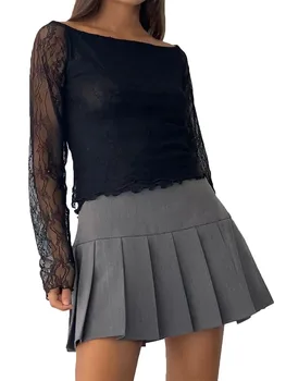 Женщины Топы с длинным рукавом Сексуальная прозрачная кружевная рубашка с открытыми плечами для клубной уличной одежды Эстетическая одежда в стиле гранж - Изображение 1  