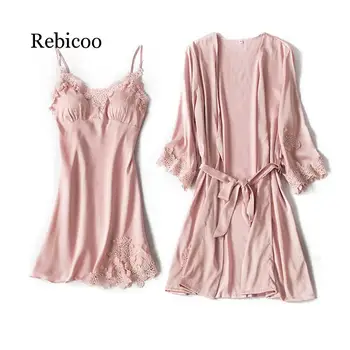 Комплект халатов и платьев вышивка сексуальные пижамные комплекты атласные ночные рубашки женские ночные рубашки пижамы женские комплекты пижамы femme пижамы шелковое платье розовое кружево - Изображение 1  