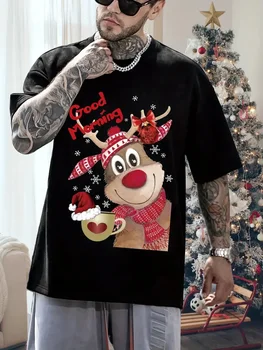 Повседневная футболка с коротким рукавом с о-образным вырезом и коротким рукавом Рождественская футболка с принтом лося для мужчин Модный тренд Уличная одежда 3D Санта-Клаус Шаблон Футболка оверсайз - Изображение 1  