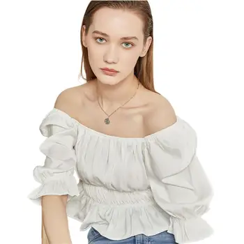 Белая атласная рубашка с квадратным вырезом и пузырчатыми рукавами, топ с короткими рукавами, утягивающий и эластичный на талии, модный короткий топ ropa de mujer - Изображение 1  