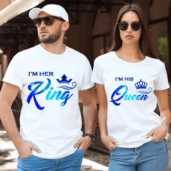 Я ее король его королева принт футболка лето любовники футболка женская одежда мужчина оверсайз футболка харадзюку корона пара TShirt - Изображение 1  