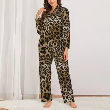  Пижамный комплект с принтом из кожи животных Леопардовый узор Kawaii Пижамы Женщины с длинным рукавом Повседневная комната 2 шт. Домашний костюм Большой размер 2XL - Изображение 1  