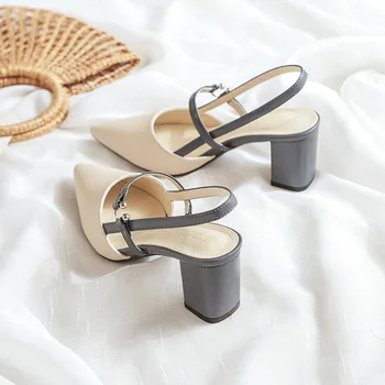 Модная обувь для туфель-лодочек Лето Элегантные коренастые высокие каблуки с острым носком Baotou Однотонная женская обувь Женские сандалии Zapatillas Mujer - Изображение 1  