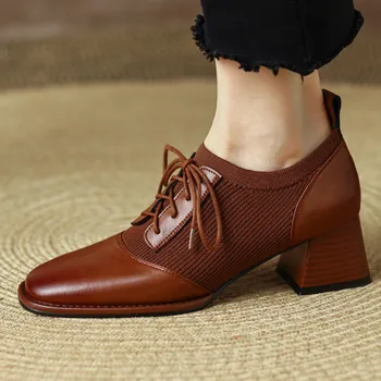 Женские натуральные кожаные трикотажные лоскутные туфли на шнуровке в стиле OL осенние туфли толщиной 5 см на среднем каблуке элегантные женские туфли на каблуке женские - Изображение 1  