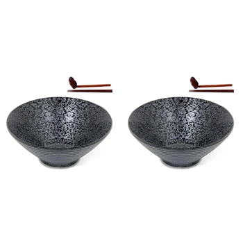 2X керамическая японская миска для супа рамэн с подходящей ложкой и палочками для еды, подходящая для удона, соба, большого размера - Изображение 1  