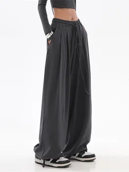 Ретро мешковатые темно-серые брюки 2022 осень женские свободные уличные брюки с высокой талией корейский стиль повседневная мода до пола - Изображение 1  
