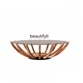 Журнальный столик из массива дерева в стиле ретро круглый журнальный столик из закаленного стекла для гостиной в небольшой квартире - Изображение 1  