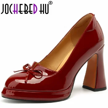 【JOCHEBED HU】Женская натуральная кожа Обувь на высоком каблуке Платье с круглым носком Туфли на платформе для вечеринок Весна Лето Женская офисная леди 33-41 - Изображение 1  