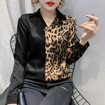 Модные женские рубашки в стиле пэчворк Женские блузки с леопардовым принтом во французском стиле 2021 Повседневные узкие топы с длинным рукавом Blusas Mujer - Изображение 1  