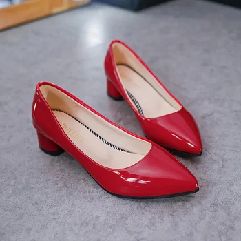 Zapatos De Mujer Женская классическая черная искусственная кожа весна и лето квадратный каблук обувь леди повседневная комфортная красная обувь для вечеринок E1147 - Изображение 1  