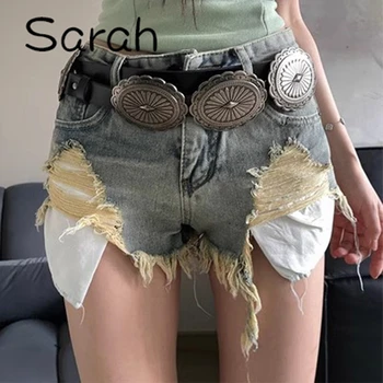 Sarah Y2K Винтажные сексуальные джинсовые рваные карманные шорты с бахромой с низкой посадкой - Изображение 1  