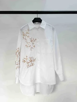 Женская рубашка с цветочной вышивкой спереди короткая и сзади длинная отложной воротник однобортная свободная блузка - Изображение 1  