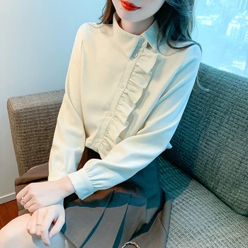 темперамент оборки пэчворк рубашка модные офисные рабочие блузки с длинным рукавом для женщин корейские элегантные свободные блузки женские топы - Изображение 1  