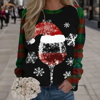 2023 Осень Новая Рождественская толстовка Женщины Девушка Винная Чашка 3D Печать Рождественская Снежинка Лось Снеговик Пуловер Топы Фестивальная одежда - Изображение 1  