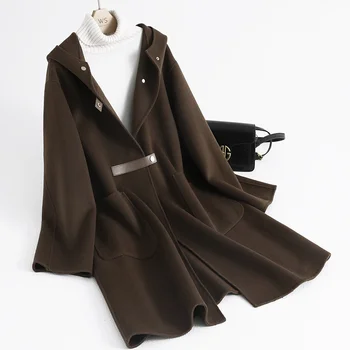 2023 Двустороннее кашемировое пальто Женское женское пальто средней длины осень/зима Хепберн Стиль Хепберн с капюшоном 100 Пальто из чистой шерсти - Изображение 1  