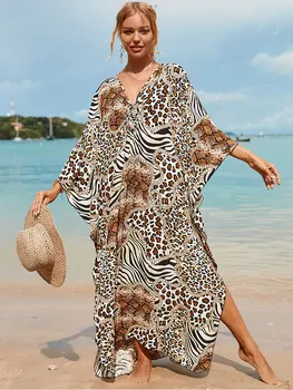 2023 Свободное пляжное платье с принтом в стиле бохо Повседневное макси-платье с V-образным вырезом и рукавом летучей мыши с боковым разрезом Женская летняя одежда Длинный кафтан Q1297 - Изображение 1  
