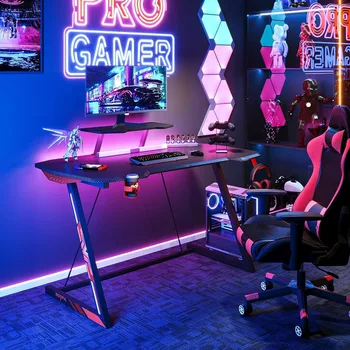 Игровой стол со светодиодной подсветкой, небольшой игровой стол 39 дюймов Z-образной формы, эргономичный стол геймера Прочный - Изображение 1  