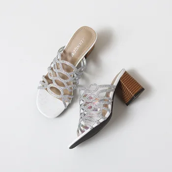 Летние женские тапочки на высоком каблуке с открытым носком Мода Горный хрусталь Сандалии Женская обувь Квадратный каблук Сандалии Pantuflas De Mujer - Изображение 1  