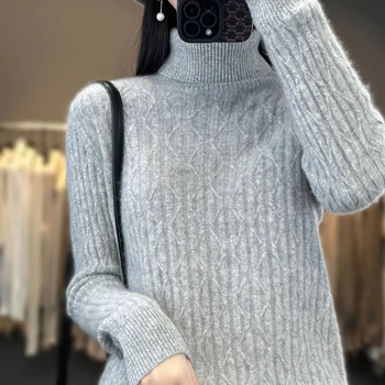  Осень и зима Новый 100% чистый кашемир Женская водолазка с длинным рукавом Свободный однотонный пуловер Кашемировый трикотажный базовый свитер - Изображение 1  