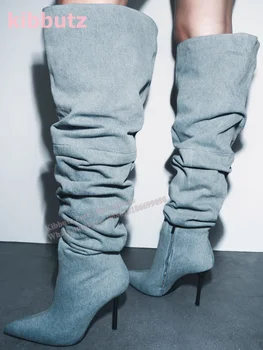 плиссированные сложенные сапоги до колена джинсовая ткань сплошной синий острый носок тонкий каблук боковая молния Модная сексуальная женская обувь 2023 Новейшая - Изображение 1  