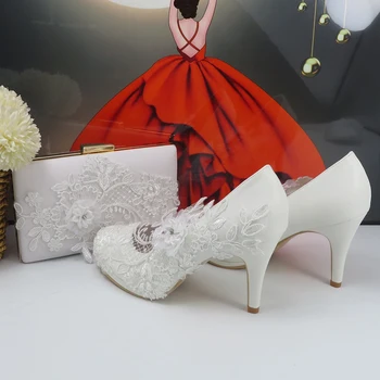 2023 Новое поступление Белое кружево Мода Свадебная обувь Сумка Осенняя Женщина Вечеринка Высокий Каблук Туфли Круглый Носок Женская Обувь Женщина - Изображение 1  