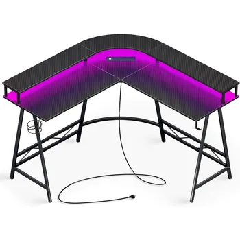 L Shaped Desk Игровой стол со светодиодной подсветкой и розетками Столы для комнат Столы из углеродного волокна Черная мебель Стол Компьютер Pliante Reading - Изображение 1  