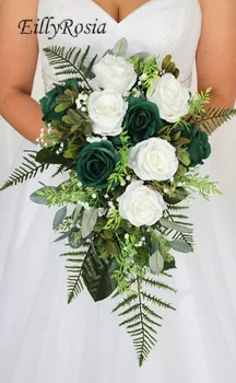 EillyRosia Белый темно-зеленый свадебный букет Принадлежности для церемонии Сделано на заказ Водопад Невеста Держа Цветы Искусственные - Изображение 1  