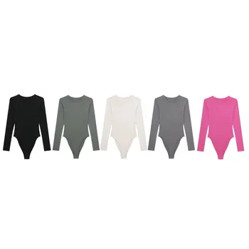 Женщины 2023 Новый шикарный модный боди с круглым вырезом Solid Tight Knit Боди Винтаж с длинным рукавом и пуговицами Женское боди Mujer - Изображение 1  