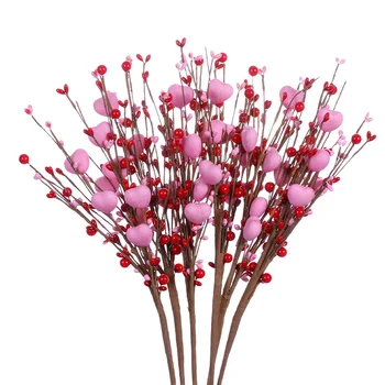 Подарки на День святого Валентина 3 шт. Искусственные стебли цветов из красных ягод Розовые ягоды в форме сердца для влюбленных Юбилейный свадебный декор - Изображение 1  