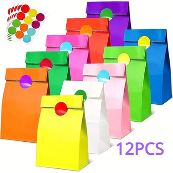 12PCS Многоцветный подарочный пакет из крафт-бумаги Подарочный пакет для конфет с листами наклеек Вечеринка Хэллоуин Рождество День рождения Сумка для покупок - Изображение 1  