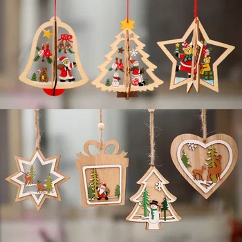 рождественские украшения, деревянные рождественские выдолбленные лазером маленькие подвески для рождественской елки, деревянные подвески-колокольчики-пентаграммы, подарки - Изображение 1  