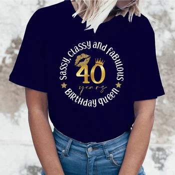  (футболка премиум-класса)Мода Смешная 40 День Рождения Королевы Сказочные Стильные Дерзкие Футболки С Принтом Женщины Лето Повседневная Футболка с коротким рукавом - Изображение 1  