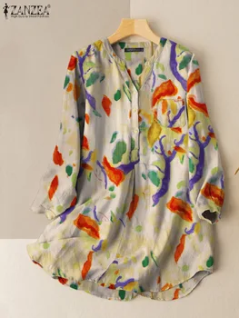 ZANZEA Holiday 2023 Модная блузка Повседневная Поездка на работу Свободные женские рубашки V-образным вырезом Оверсайз Винтаж Топы с длинным рукавом Печать Tuncis - Изображение 1  