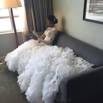африканский длинный шлейф русалка свадебные платья иллюзия кружева с полными рукавами оборки многоуровневая юбка невеста сад свадебное платье часовня - Изображение 1  