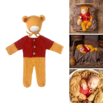 Набор для фотографий новорожденных медвежьих ушей, мохеровая шапка и комбинезон, реквизит для детских съемок - Изображение 1  