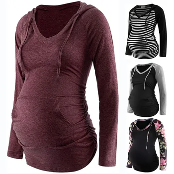 Женская туника для беременных Топы Рубашка для беременных с длинным рукавом Лестная сторона Рюши O Шея Футболка для беременных Повседневная одежда - Изображение 1  