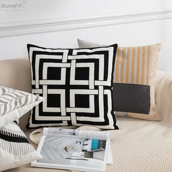 Чехол для домашнего декора Черно-серая подушка 45x45 см Наволочка с геометрической вышивкой Мягкий уютный для гостиной Спальня - Изображение 1  